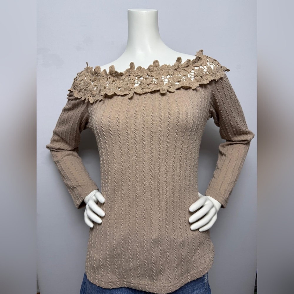 Elegant Tan Sweater with Floral Neckline
